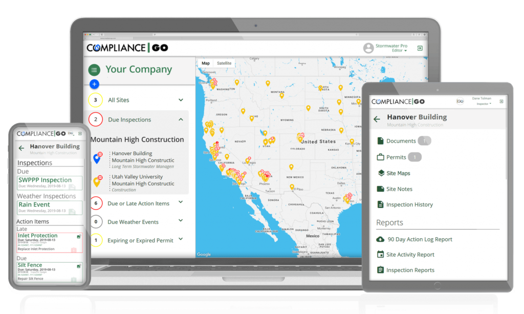 ComplianceGO software on a laptop, tablet, and smart phone