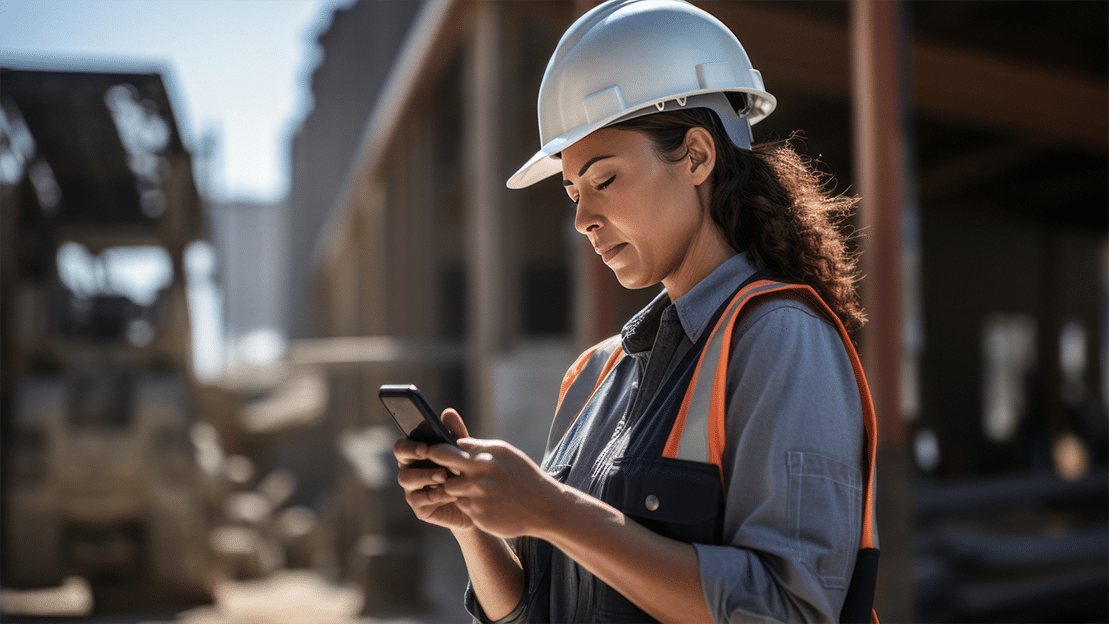 woman on smart phone at a construction site